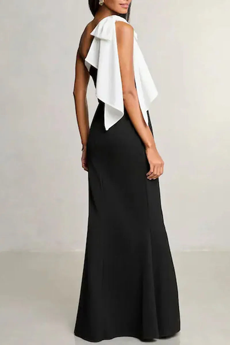 Elegant Patchwork Contrast Oblique Collar Long Dresses
