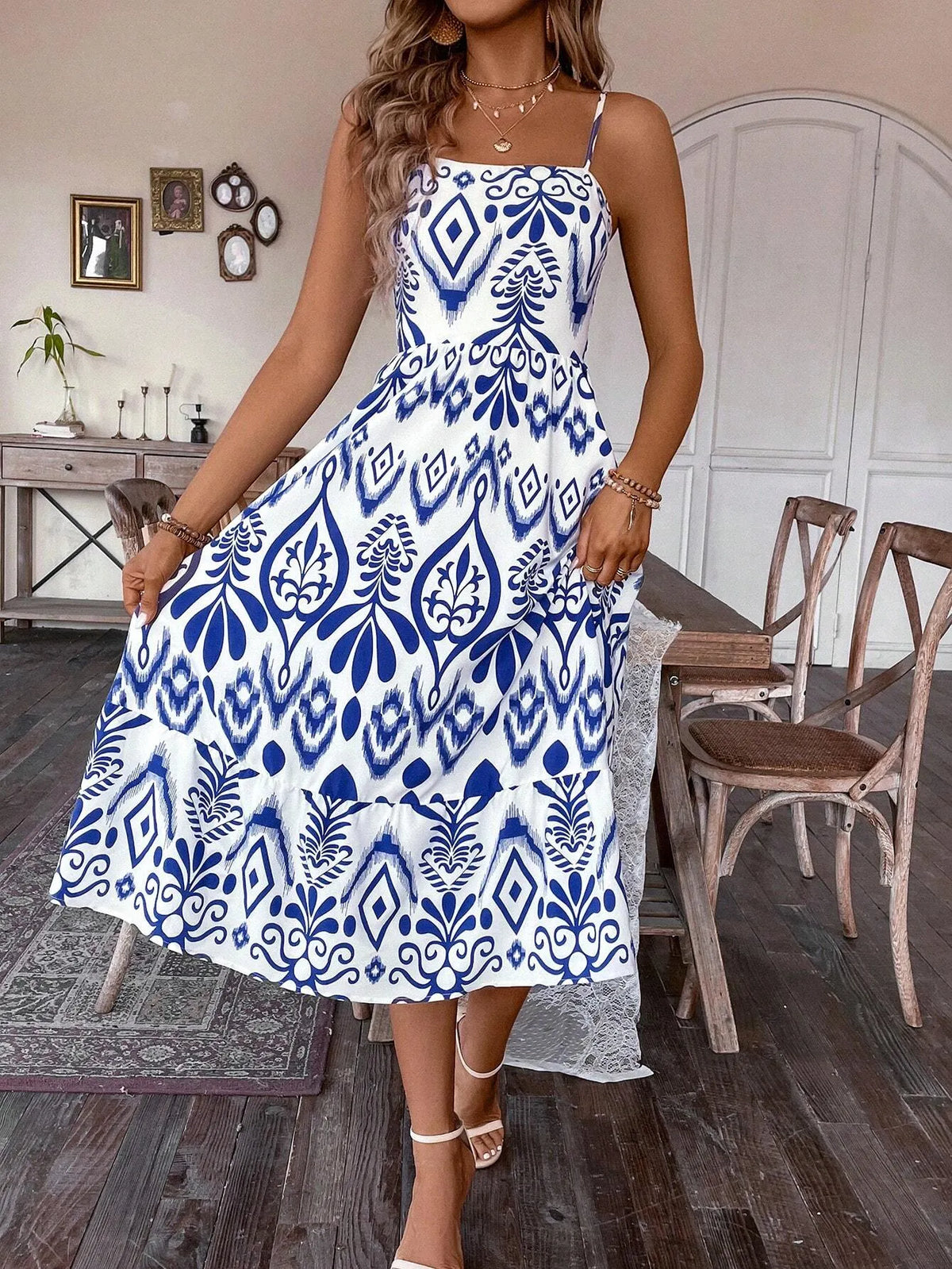 Vestido Midi Estampa Rizia Azul