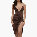 Womenâ€™s Satin Midi Dress with Deep V Neckline and Cinched Waist