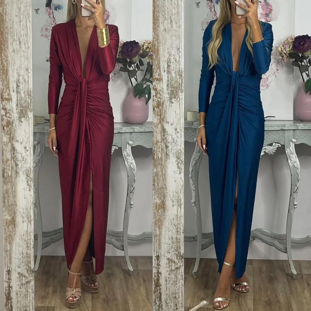 Deep V Neck Ruched Slit Maxi Bodycon Dress