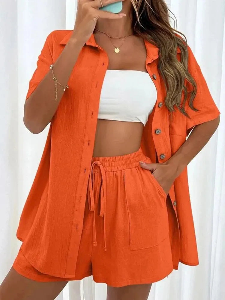 Conjunto Feminino Camisa e Short Liso Casual