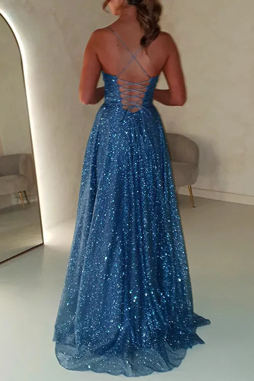 Lace Up Backless High Slit Corset Glitter Maxi Gown Dress