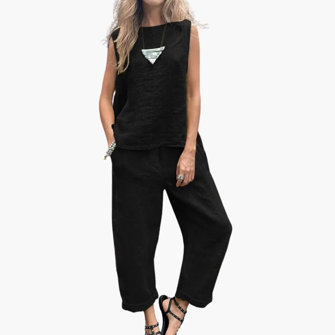 Womenâ€™s two-piece set with sleeveless top and trousers
