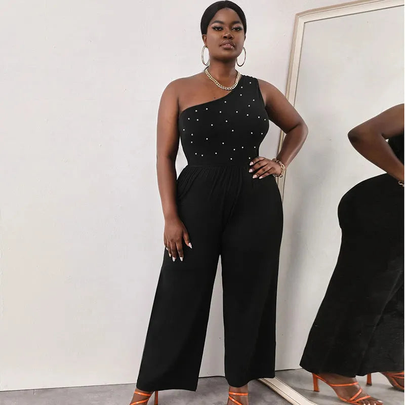 One Shoulder Sleeveless Beaded Jumpsuit