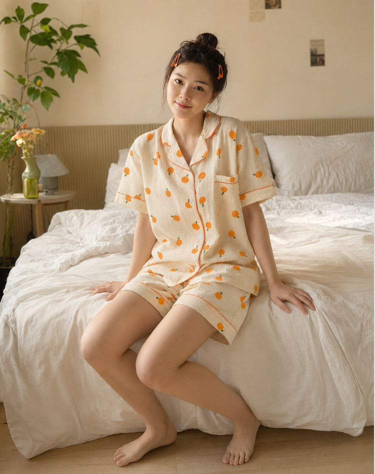 Women's Pajama Set with Flowers and Short Sleeves