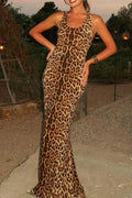 Elegant Leopard Print Patchwork Backless Halter Long Dresses