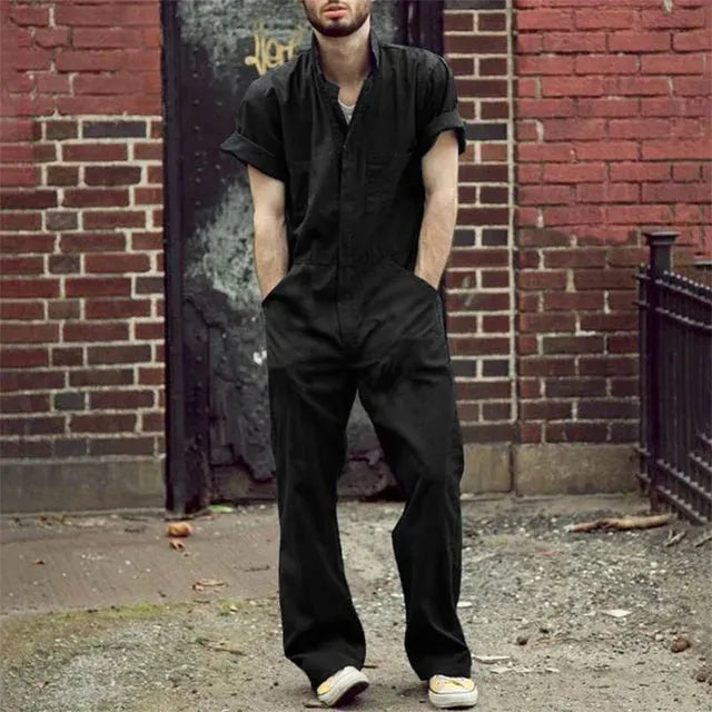 Herren Jumpsuit mit V-Ausschnitt, lockerer Passform und Seitentaschen