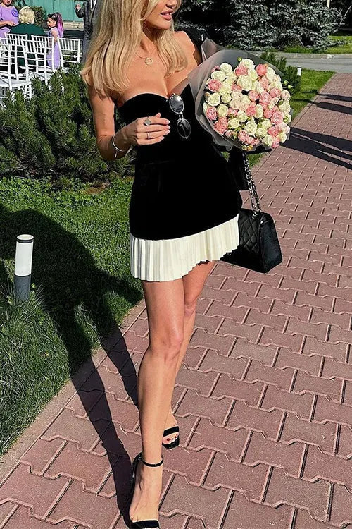 Strapless Velvet Patchwork Color Block Mini Dress