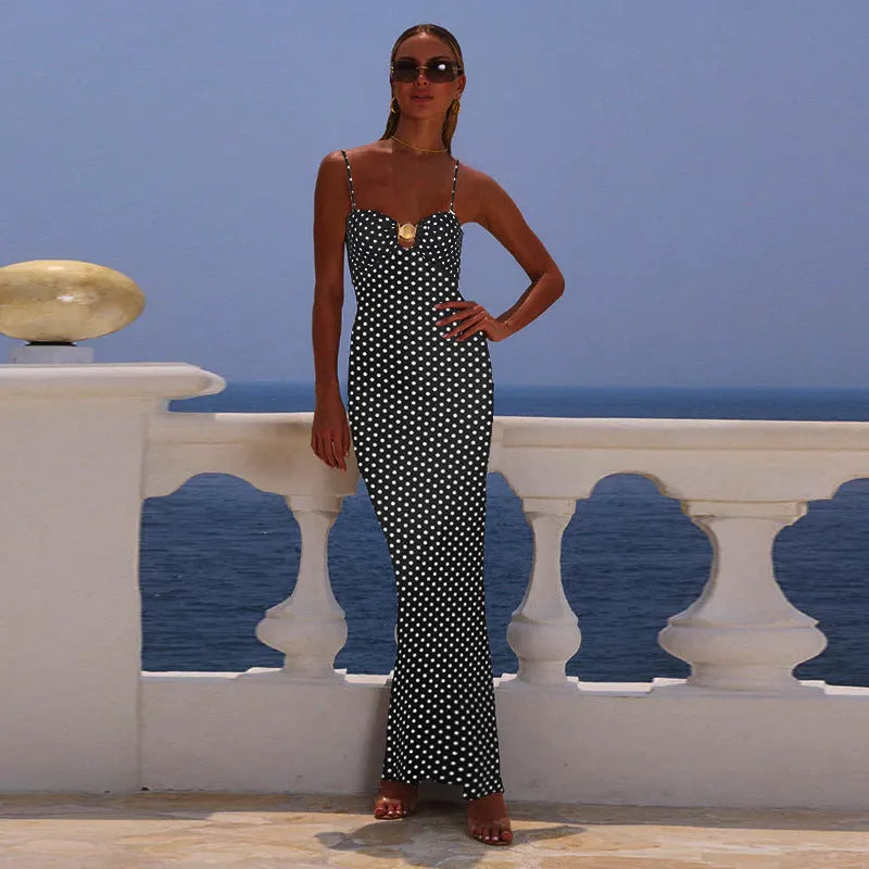 Robe longue Ã  bretelles et imprimÃ© Ã  pois ajourÃ©s