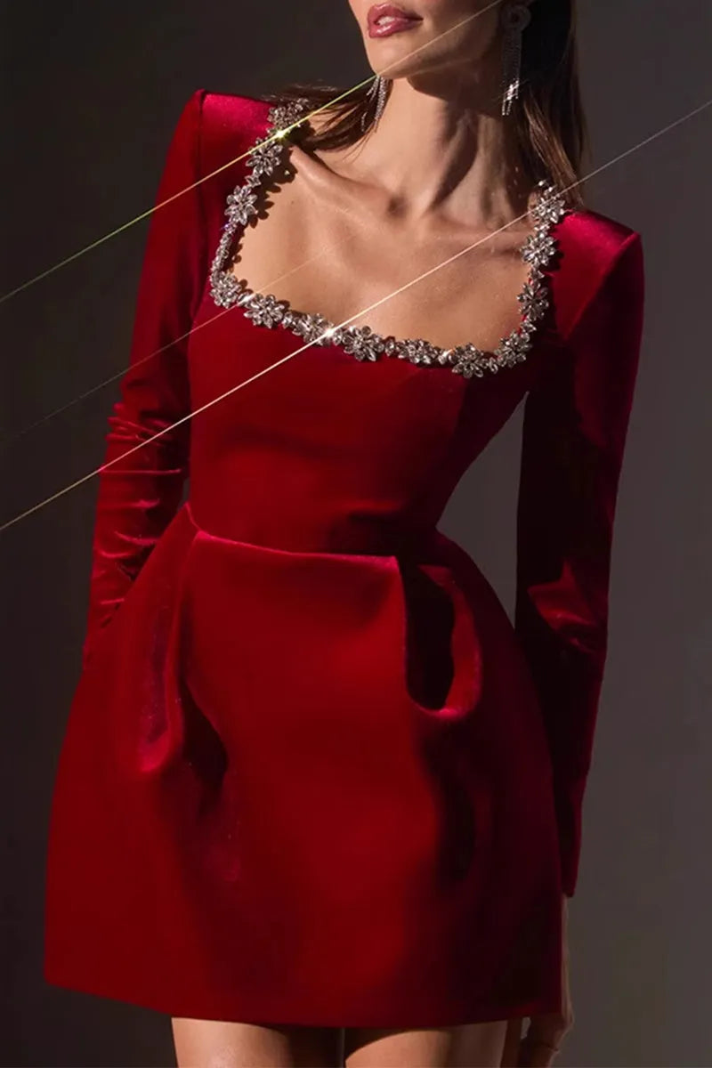 Elegant Solid Color Pocket Rhinestone Decor Square Neck A Line Dresses