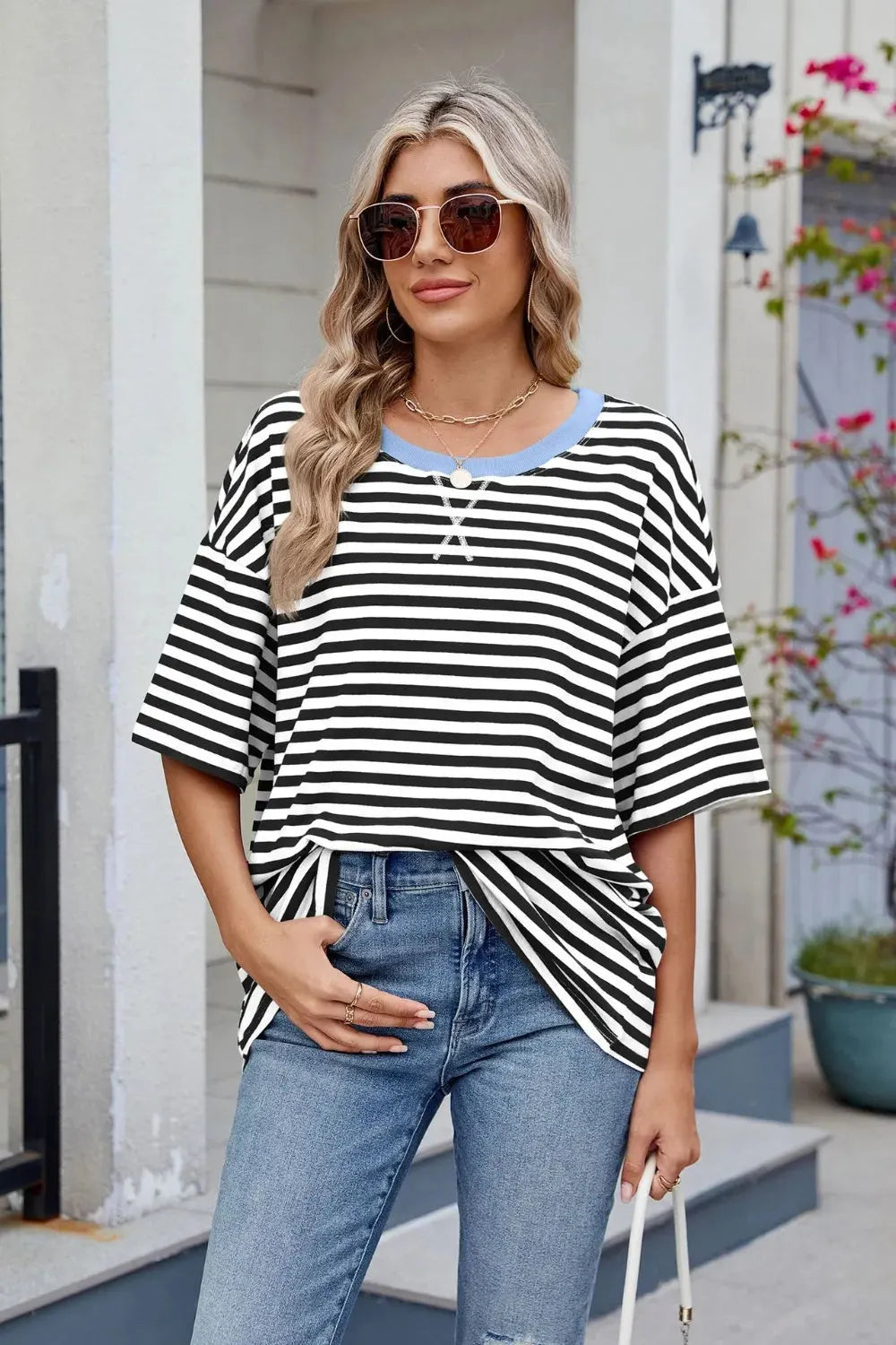 Contrast Striped Round Neck Half Sleeve T-Shirt
