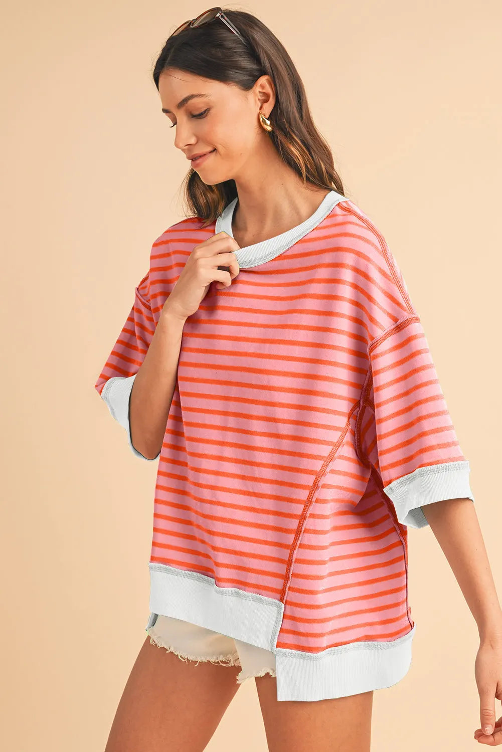 ISA | Gestreept Loose Fit T-Shirt Voor Dames Met Contrast Trim En Wijde Mouwen – Comfortabel, Casual, Stijlvol