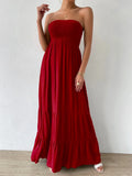 Vestido Feminino Longo Com Babado Liso Vermelho