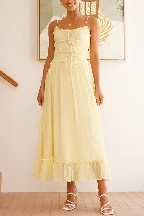 Spaghetti Strap Frill Trim Tie Bow Maxi Dress