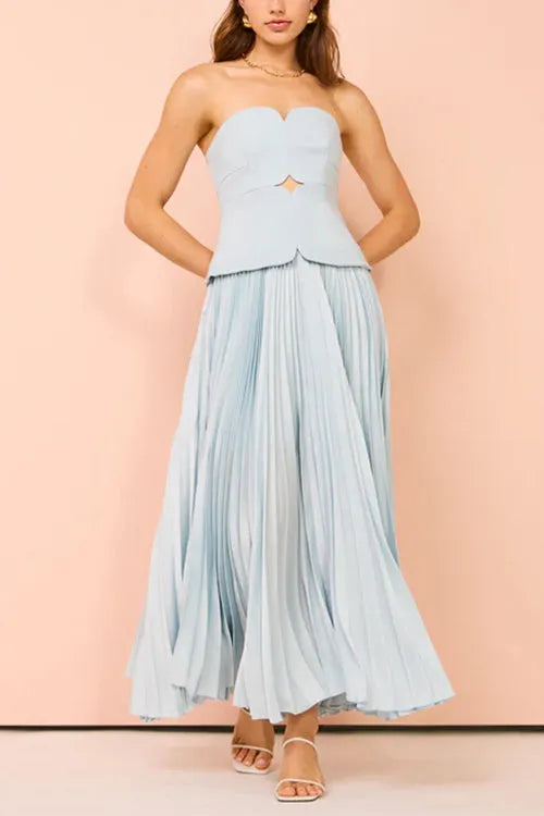 Strapless Tube Cut Out Pleated Maxi Swing Dress