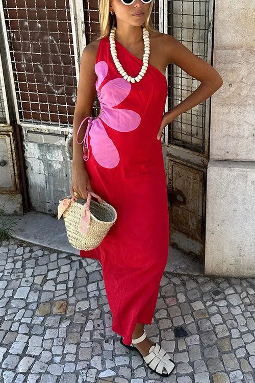 One Shoulder Drawstring Cut Out Floral Print Maxi Dress