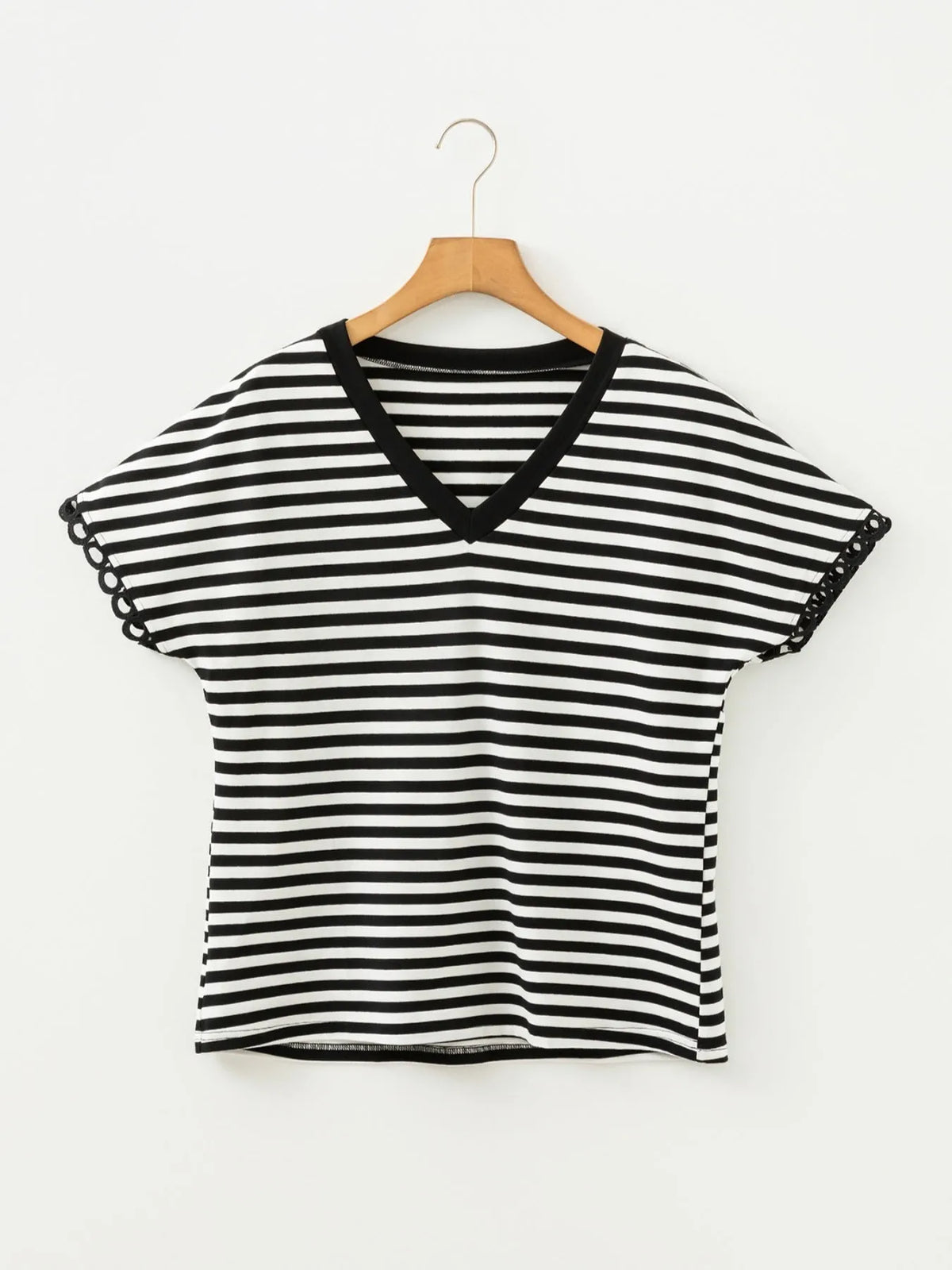 Striped V-Neck Scalloped Short Sleeve T-Shirt