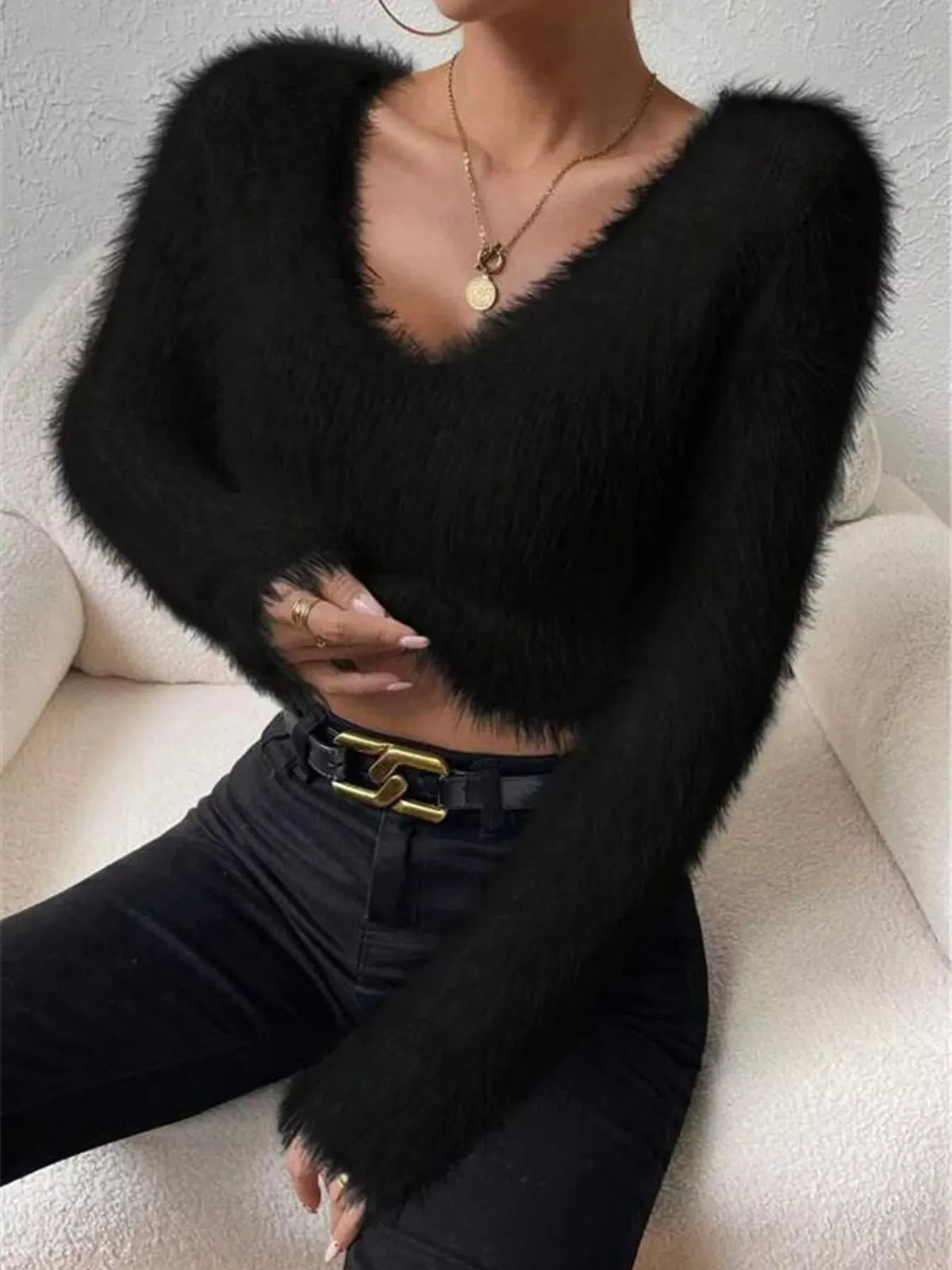 Fluffy Knit V-Neck Sweater