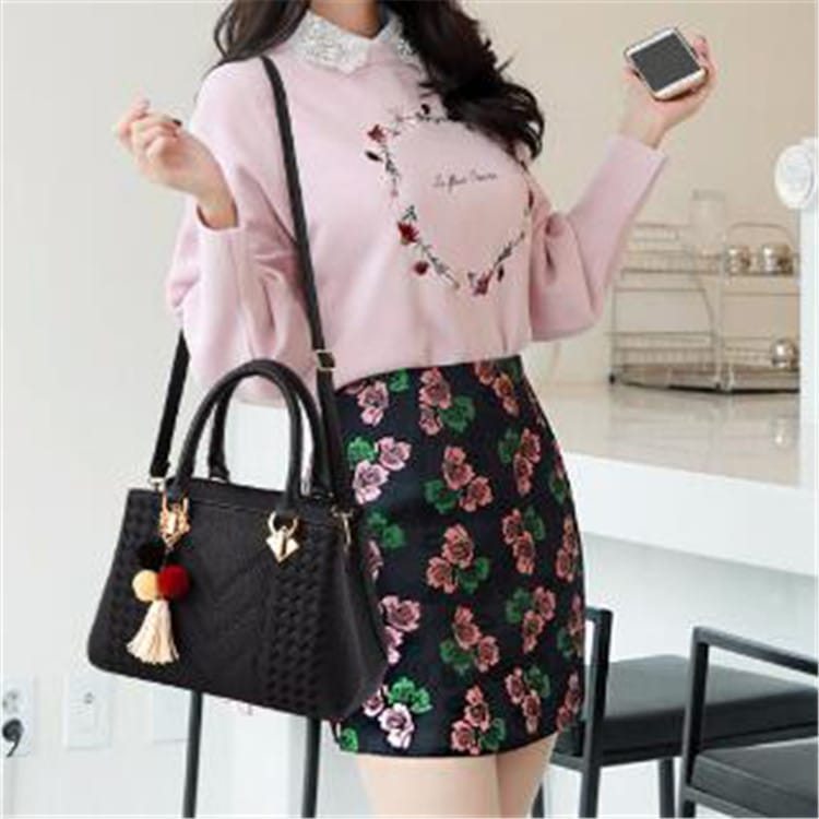 Decorative Shoulder Bag with Embroidery and Pompom