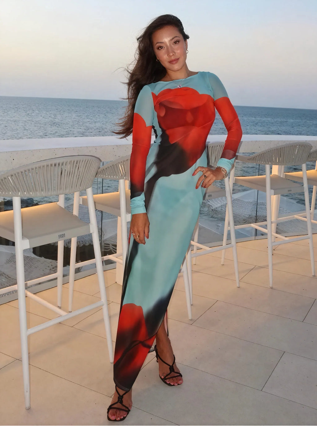 Buntes Langarm Maxikleid – Gemusterter Print
