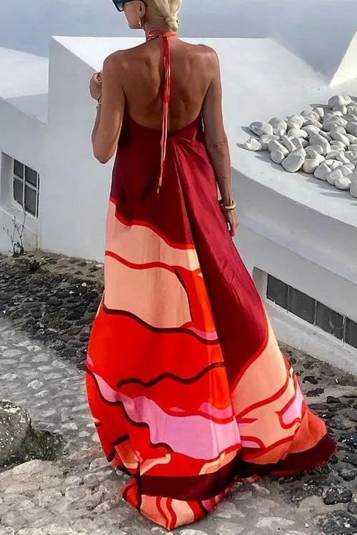 Halter Backless Printed Swing Maxi Vacation Dress