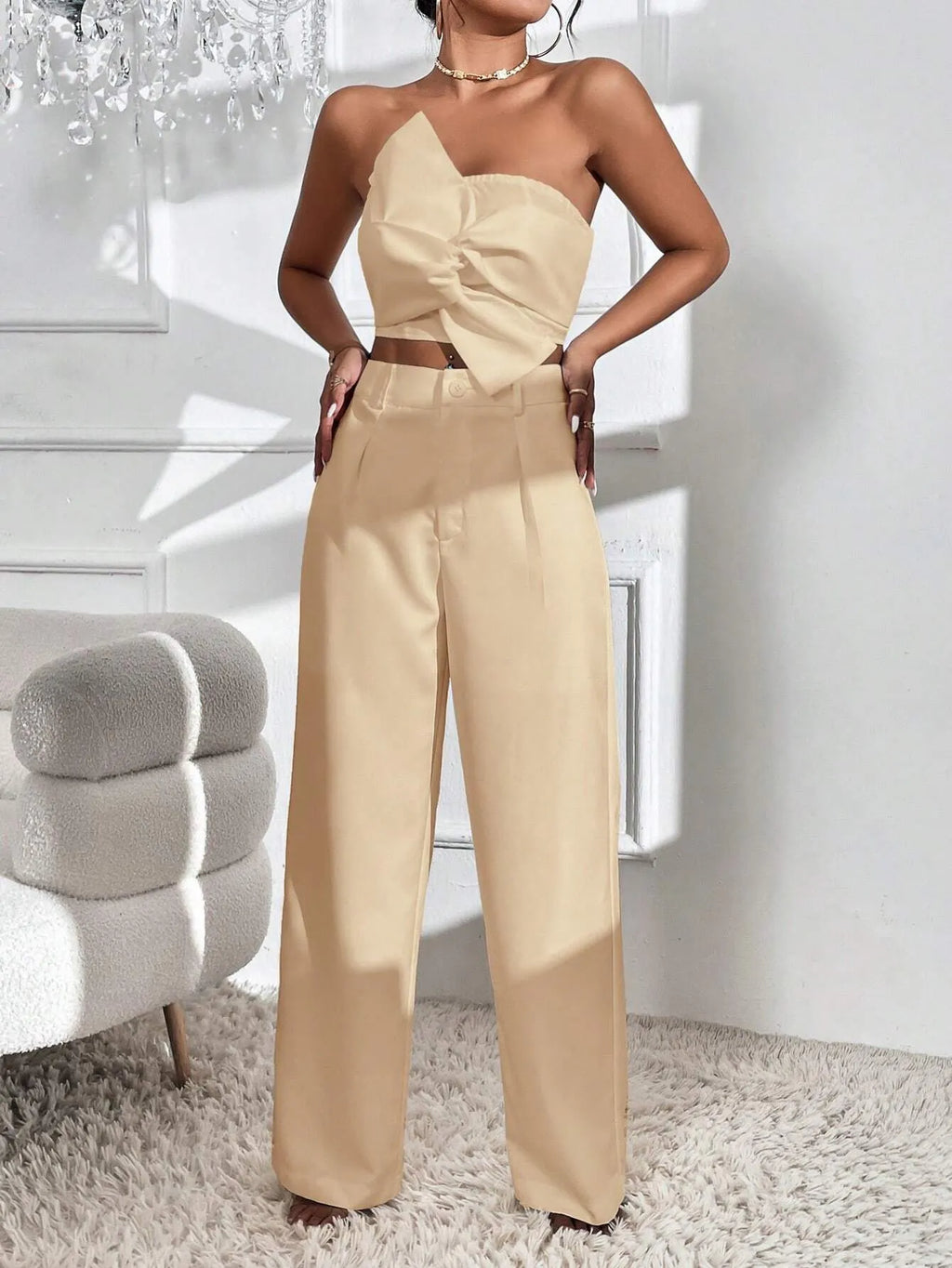 Conjunto Feminino CalÃ§a e Cropped Bege Lys
