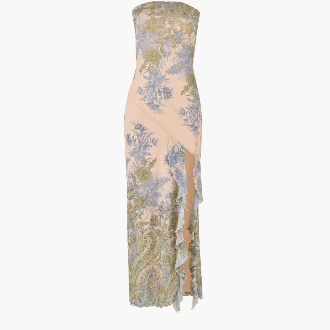 Womenâ€™s strapless maxi dress with high slit and floral print