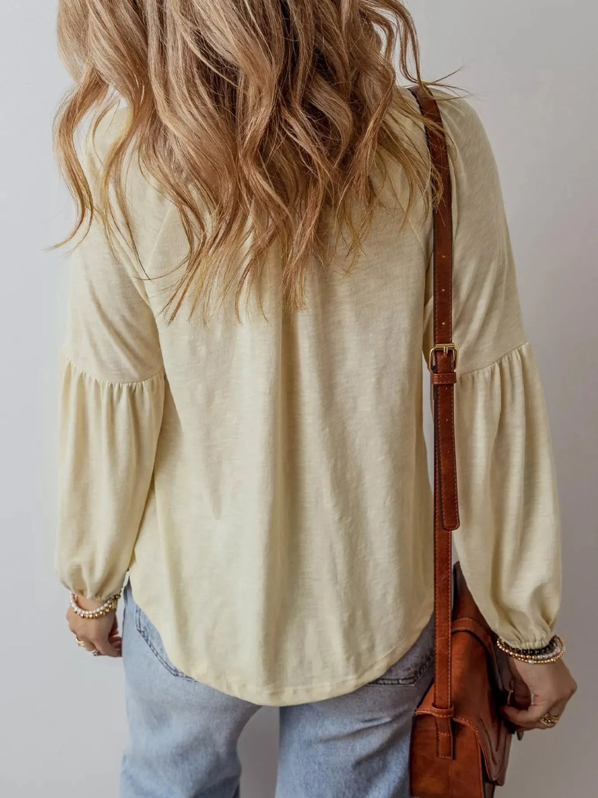 Embroidered Notched Balloon Sleeve Blouse