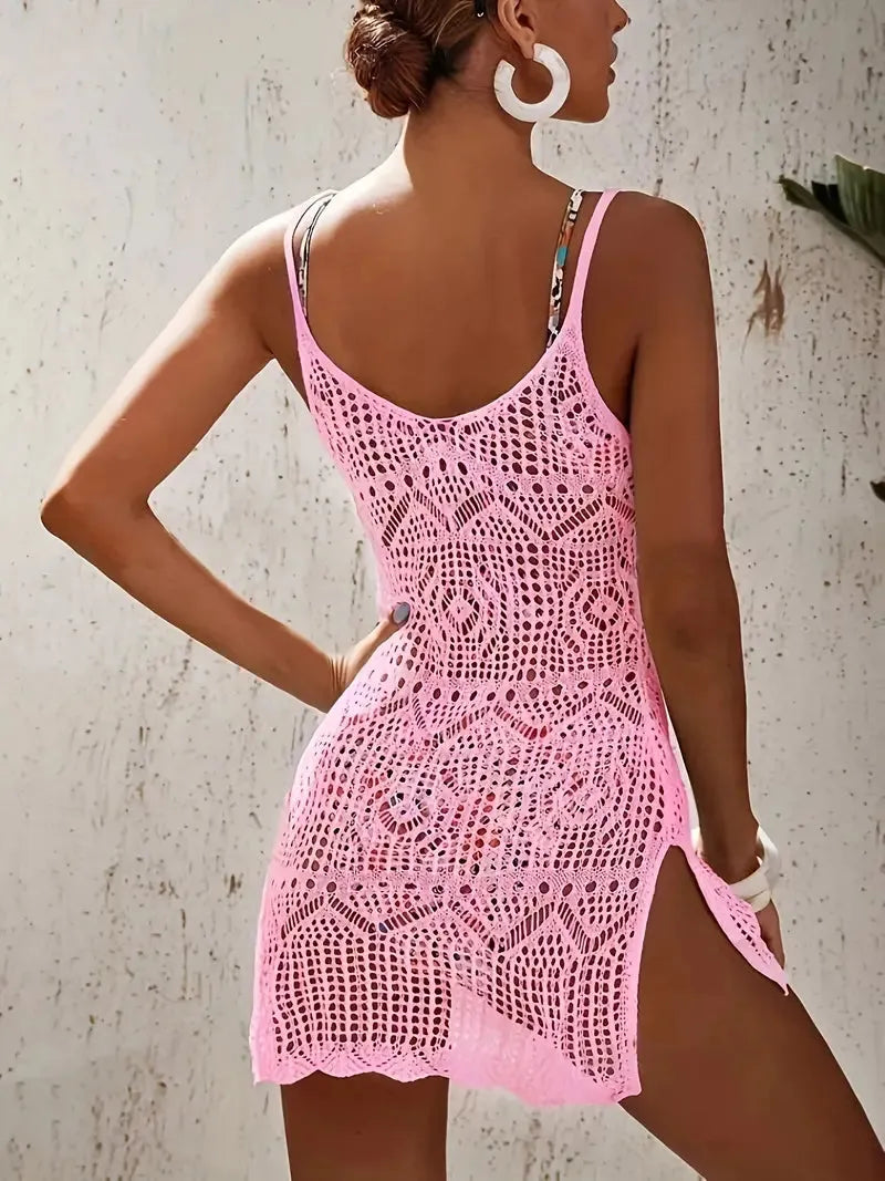 Gehäkeltes Mini-Kleid – Offenes Netz & Spaghettiträger