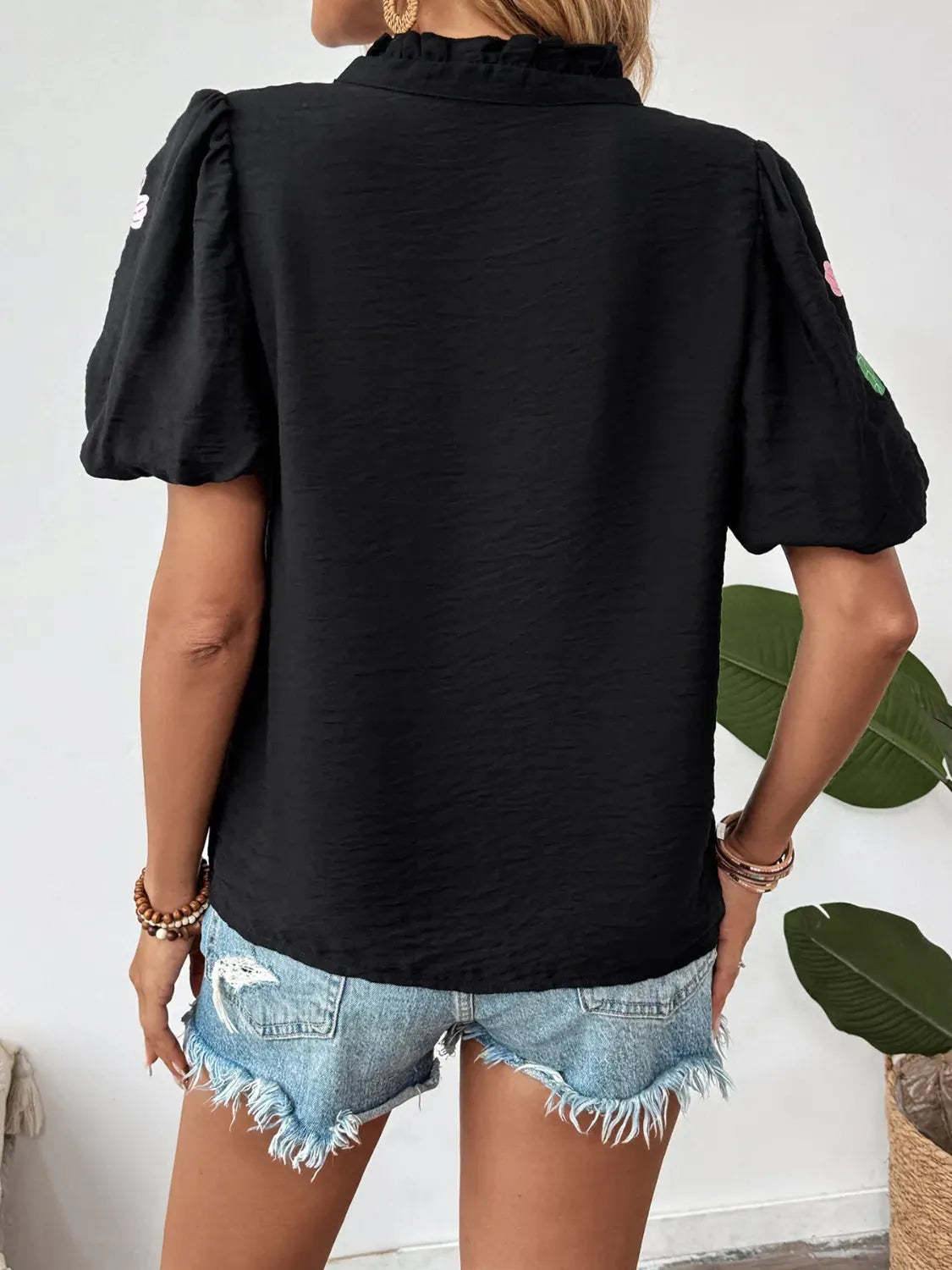 Floral Puff Sleeve Notched Blouse