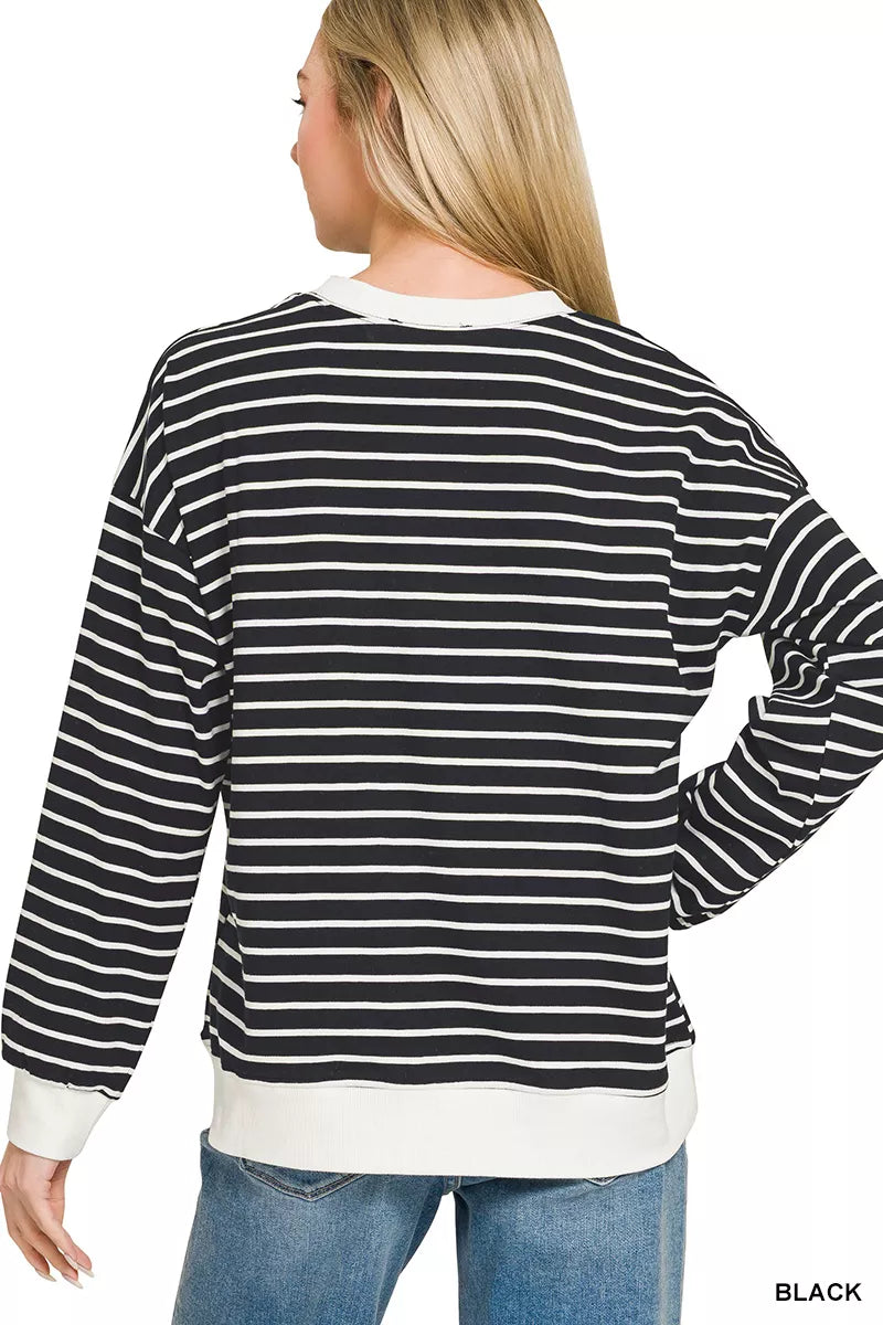 Zenana Contrast Striped Round Neck Sweatshirt