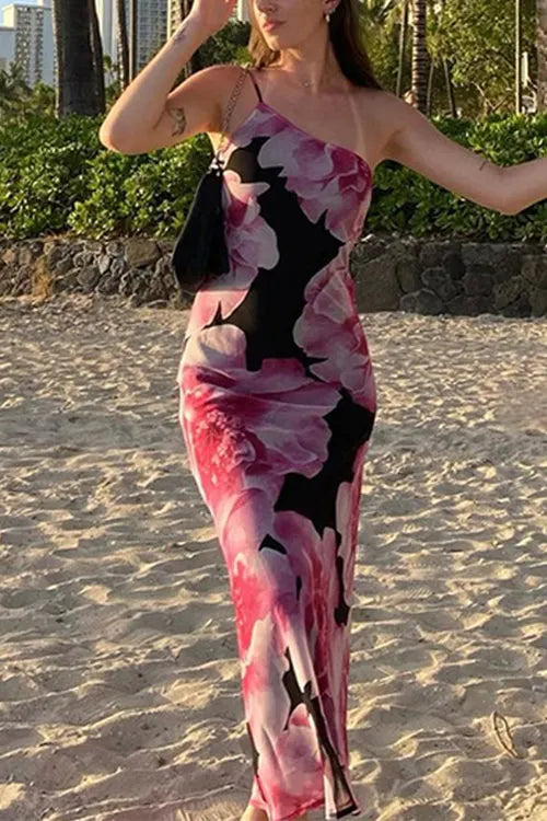 One Shoulder Cut Out Floral Print Maxi Cami Dress