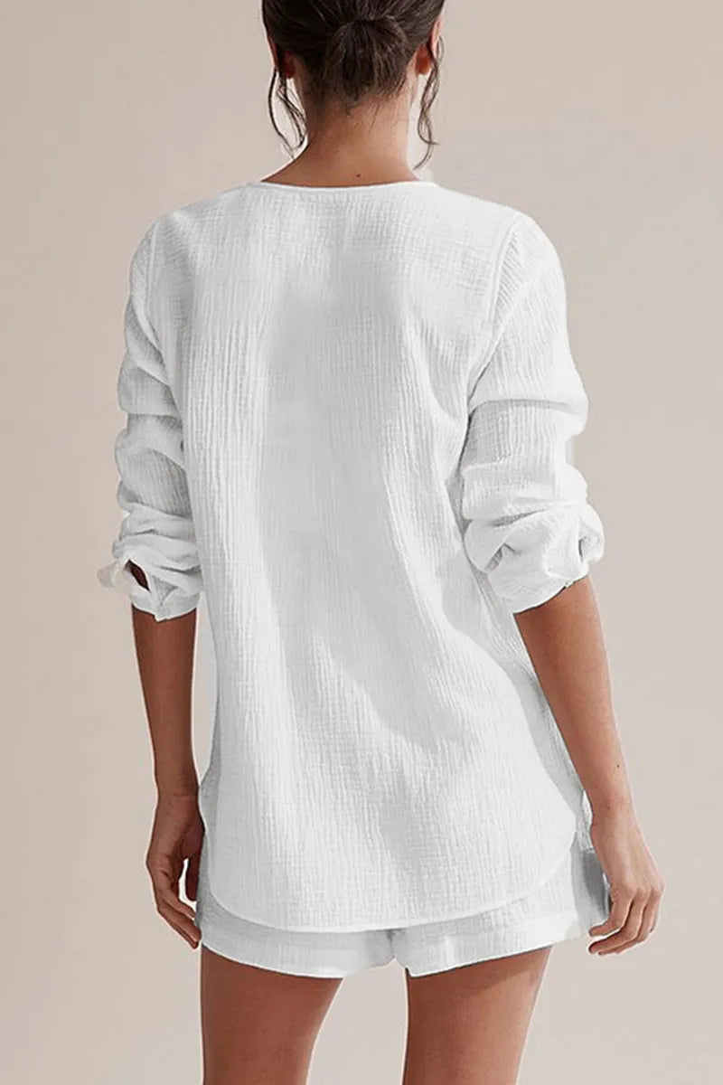 Casual Simplicity Solid Pocket Buttons Fold V Neck Long Sleeve Two Pieces