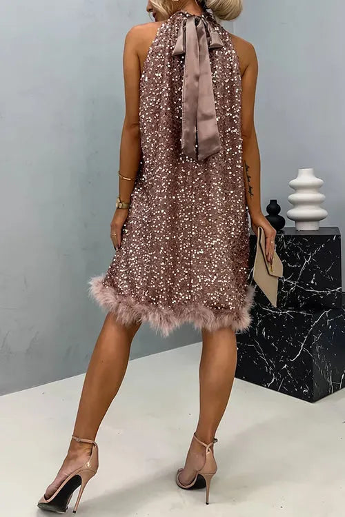 Halter Sleeveless Feather Hem Sequin Dress