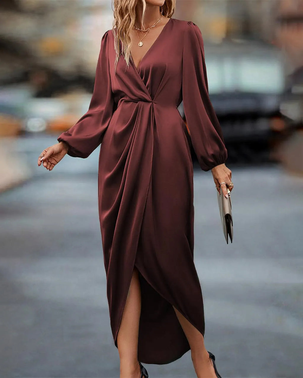 Elegante V-Hals Jurk Voor Dames | Luxe Lantaarnmouw Midi Jurk