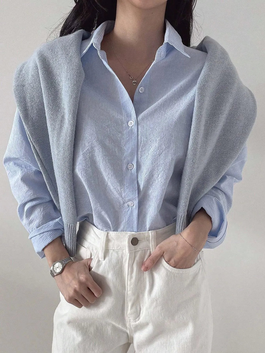 Blusa Feminina Manga Longa Modelo Camisa Azul
