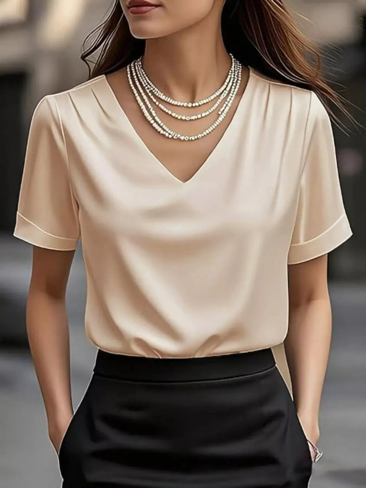 V-Neck Short Sleeve Satin Blouse