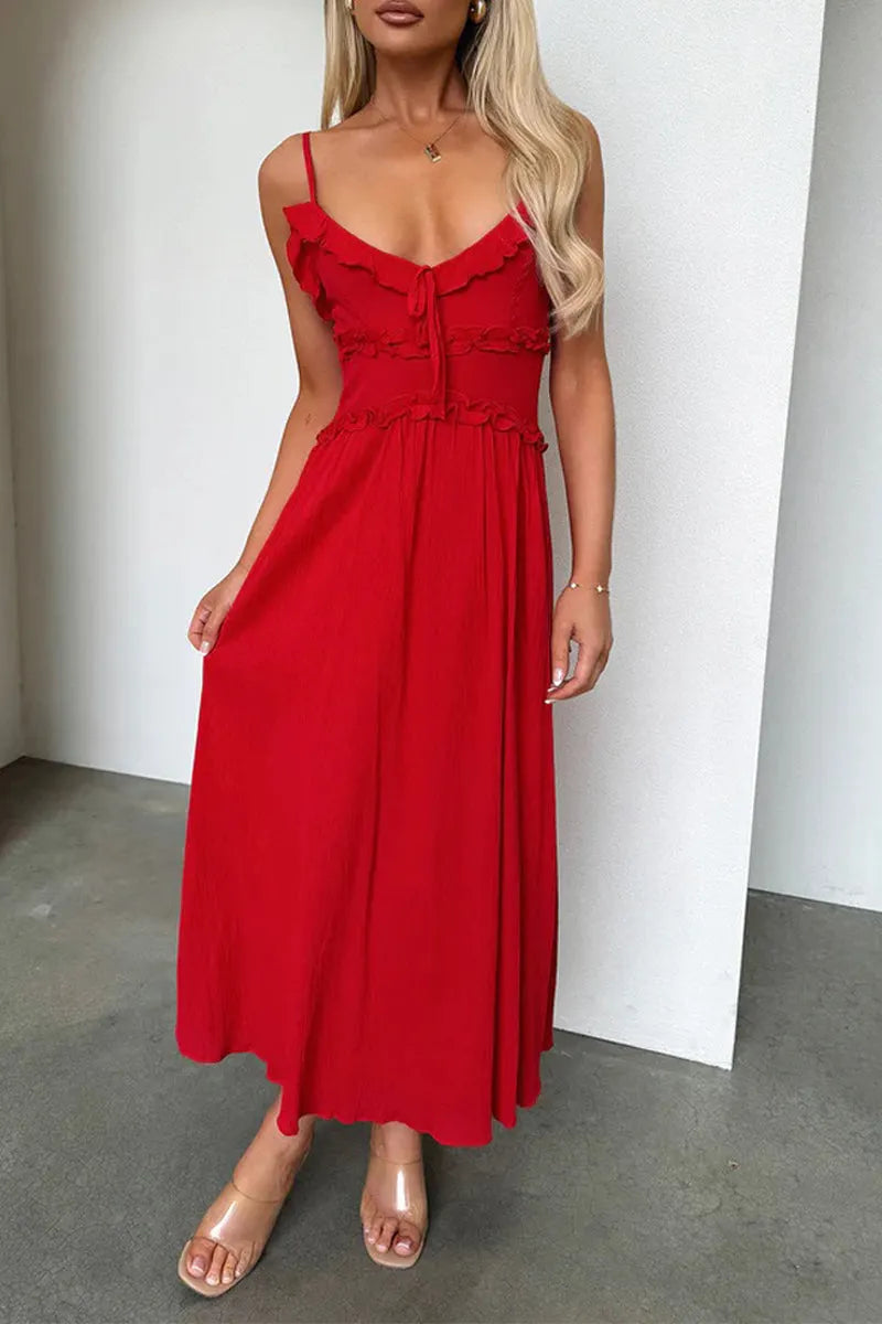 Sexy Solid Color Lace Up Ruffle V Neck Sling Dresses