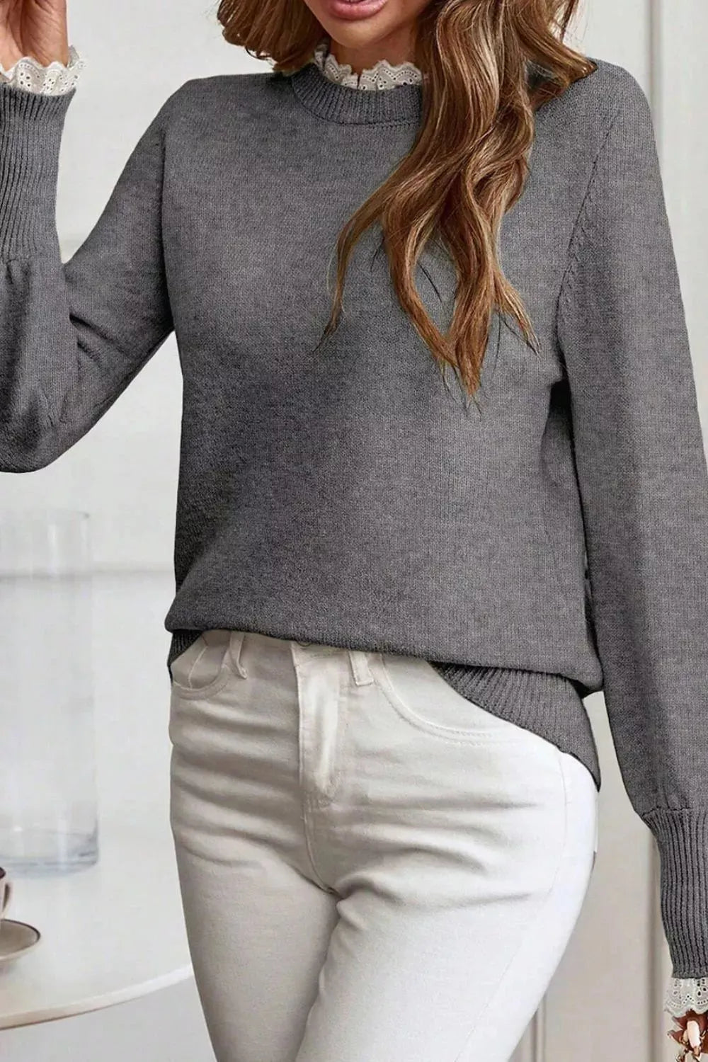 Lace Trim Mock Neck Sweater
