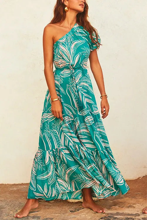 One Shoulder Drawstring Waist Printed Flowy Maxi Dress
