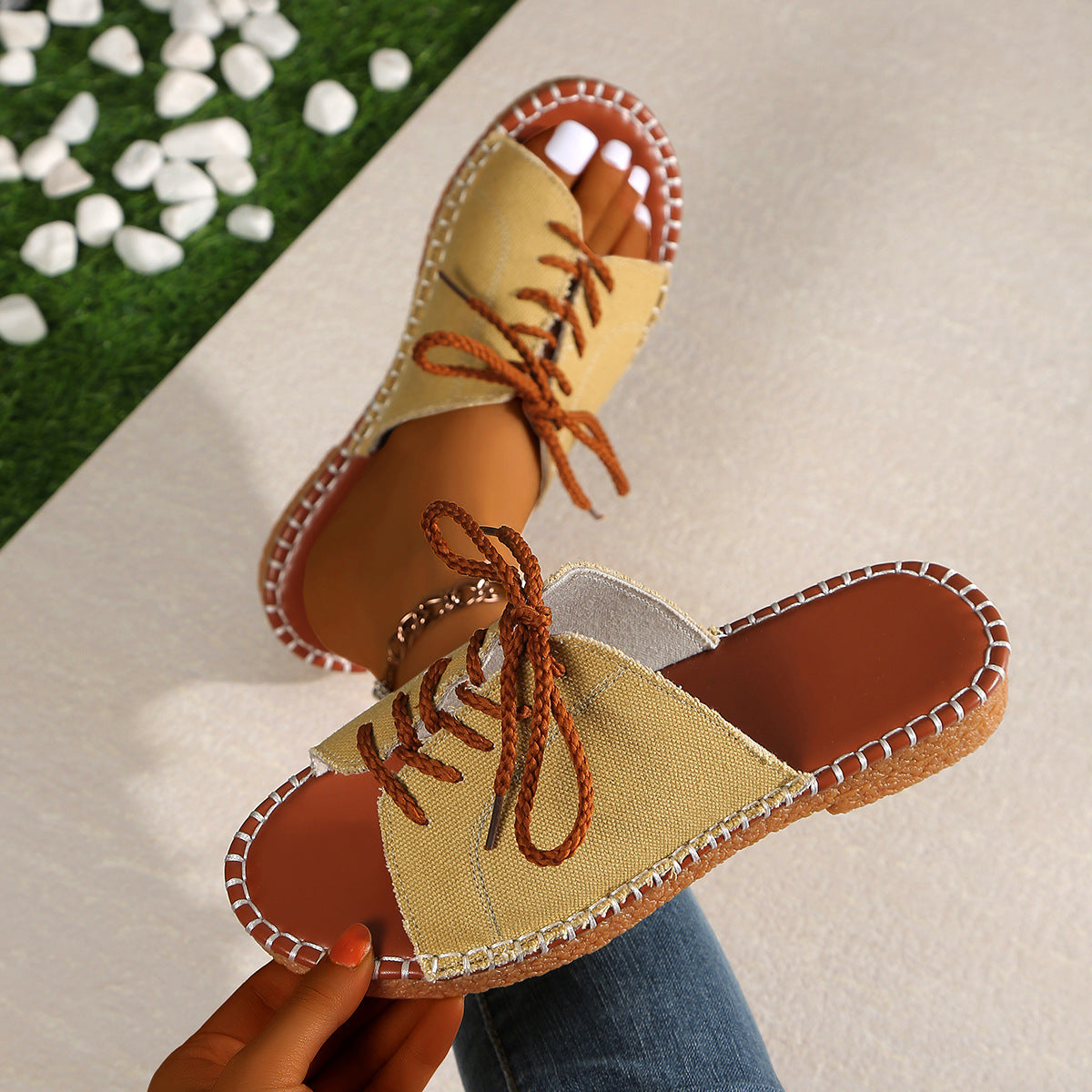 Large Size Beef Tendon Sole Cross Strap One-word Strap Cool Slippers Summer Beach Women's Shoes Sandal
