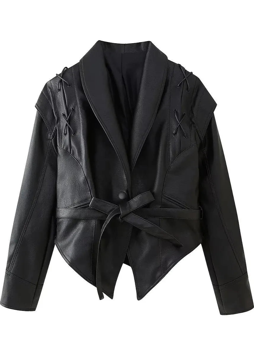 Trendy Black PU Leather Women's Blazer with Belt