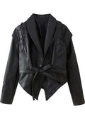 Trendy Black PU Leather Women's Blazer with Belt