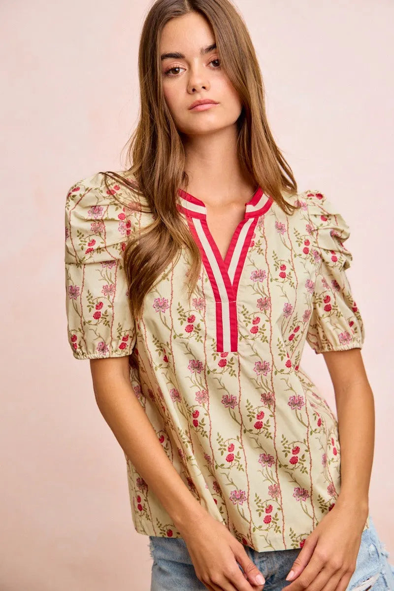 BiBi Floral Gather Sleeves Contrast Neckband Blouse Top