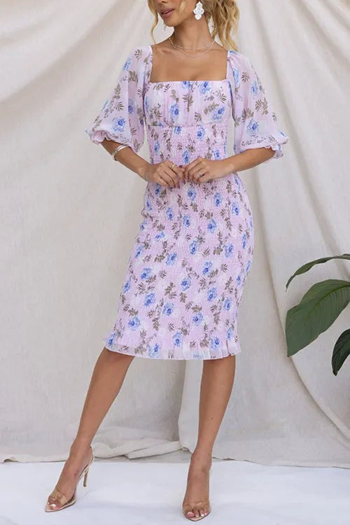 Square Neck Smocked Floral Print Midi Bodycon Dress