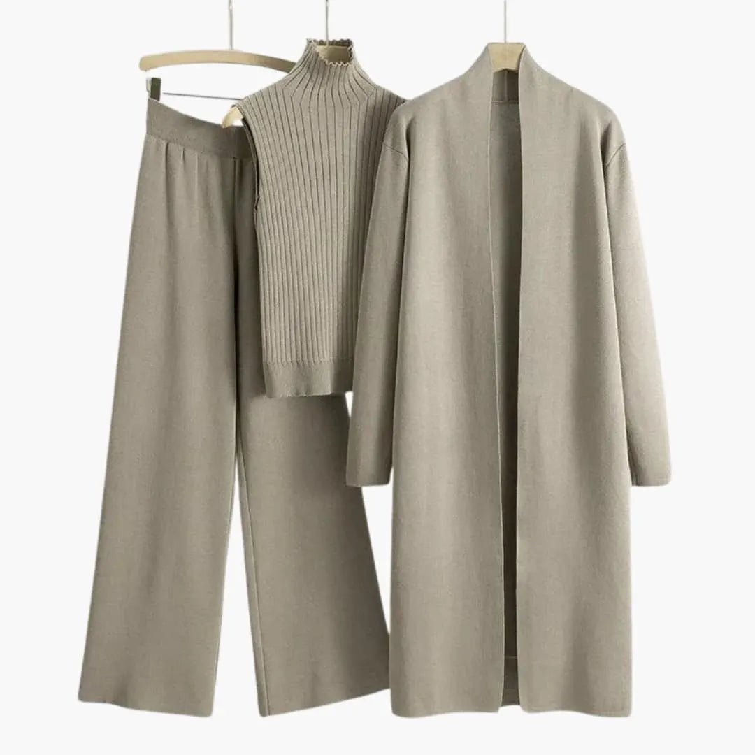Womenâ€™s Three-Piece Knit Set with Sleeveless Roll Neck and Wide-Leg Trousers