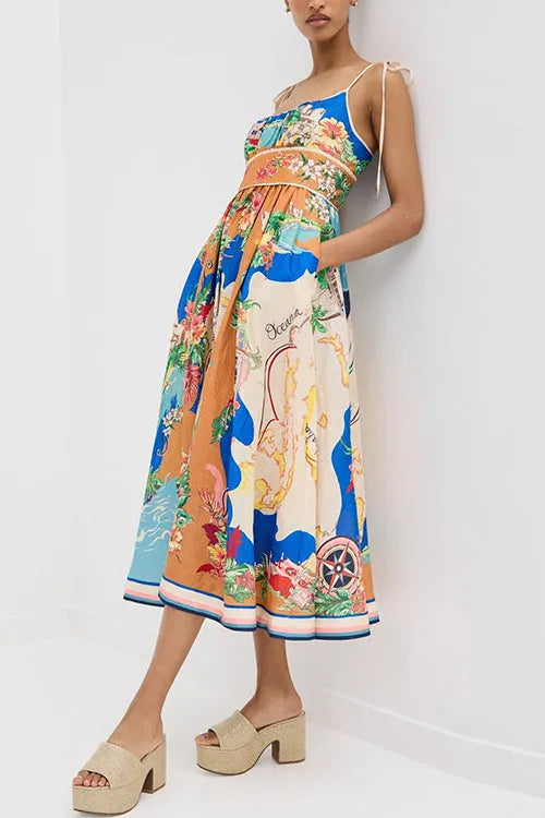Tie Shoulder Pocketed Unique Print Midi Vacation Cami Dress