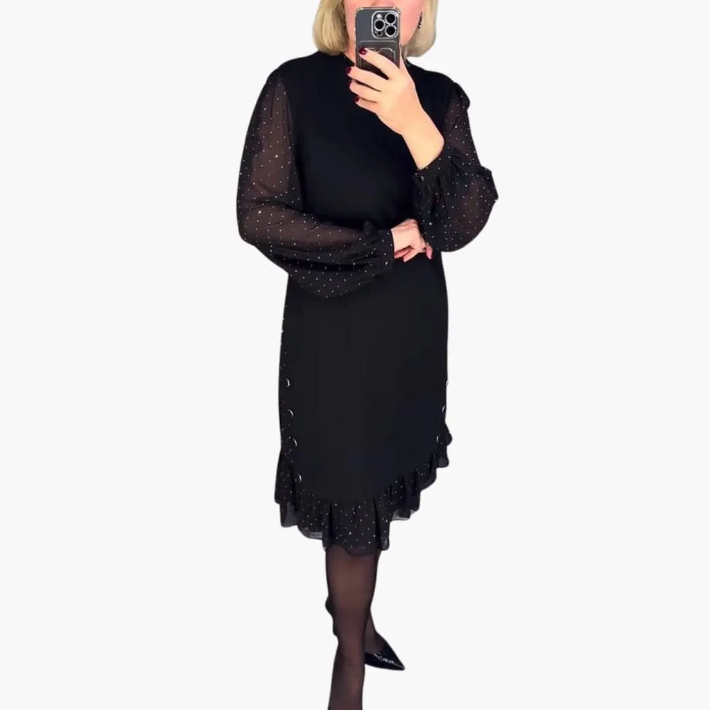 Women's Knee-Length Dress with Sheer Sleeves and Ruffle Hem