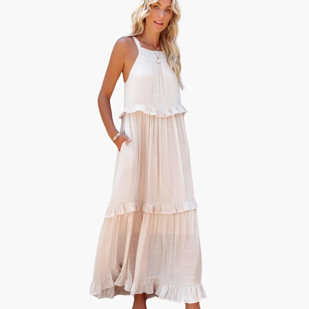 Womenâs Maxi Dress with Cascading Ruffle Tiers and Adjustable Straps