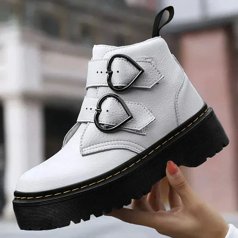 Comfortable Women's Ankle Boots With Heart Buckle And Chunky Sole